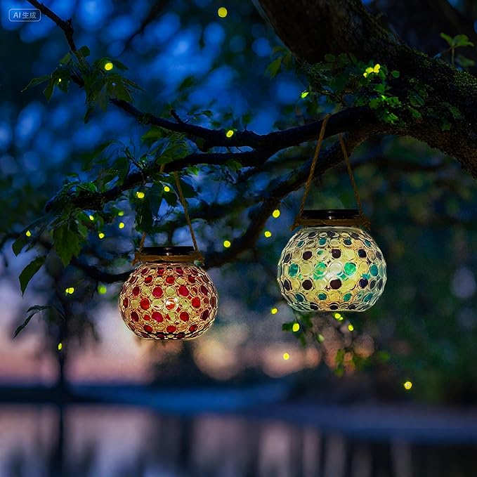 2 PCS Mosaic Solar Lights Outdoor,Garden Hanging Camping Lanterns Lamp Waterproof, Solar-Powered Led Light for Women Mom Grandma Yard Patio Lawn Pathway Porch Garden Birthday Chrismas Party Décor