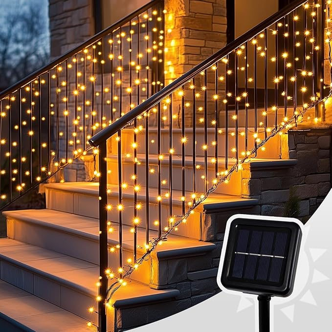 Curtain Lights for Stair Railing, 300 LED 20Ft x 3Ft Solar Powered Outdoor String Lights, Warm White Tangle-Free Decorative Light with 8 Modes for Stairs, Balcony, Fences, Eaves, Porch Décor