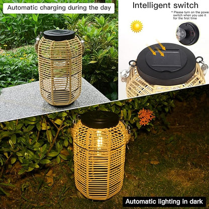 Livinlarge Solar Lantern Outdoor Hanging Lights, Large Solar Rattan Lantern Outdoor Waterproof with Twine Handle, Bright Outdoor Lanterns with Edison Bulb for Garden Patio Yard Tabletop Decoration