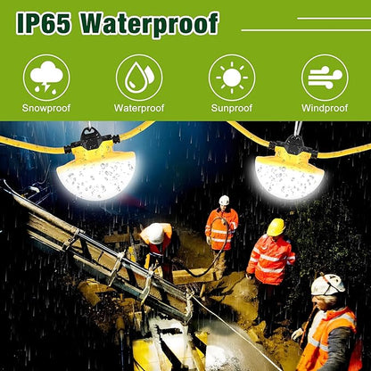YXL 8000LM 65W Construction String Lights, 50FT Industrial String Work Lights, IP65 Waterproof 18AWG Wire 5000K Super Bright for Construction Sites Temporary Work Jobsites Outdoor Lighting (2Prong)