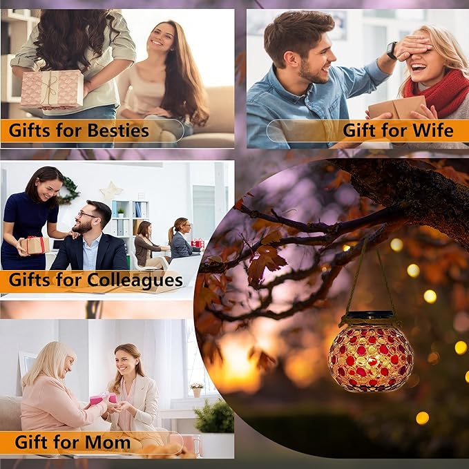 Mosaic Solar Lights Outdoor,Garden Hanging Camping Lanterns Lamp Waterproof, Solar-Powered Led Light for Women Mom Grandma Yard Patio Lawn Pathway Porch Garden Birthday Chrismas Party Décor
