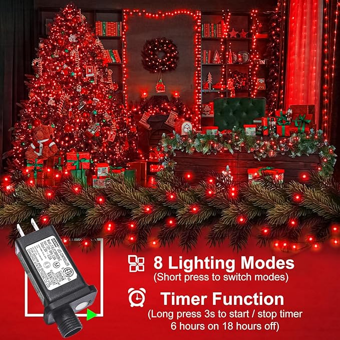 2 Pack Christmas Lights Outdoor, Total 200FT 600LED Christmas String Lights with 8 Modes Waterproof, Green Wire Twinkle Tree Lights for Indoor Room Patio Yard Xmas Party Decorations, Red