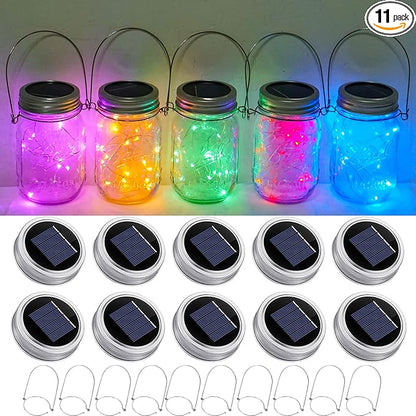SmilingTown Solar Mason Jar Lights 10 Pack 20 LED Waterproof Outdoor Fairy String Light Insert Lids with Hangers for Patio Lawn Garden Wedding Decor No Jars (Red, Blue, Green, Purple,Yellow)