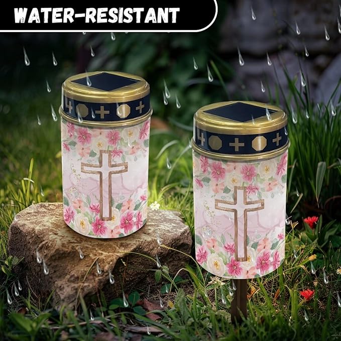 Cross Solar Lights for Cemetery Gravesite Outdoor Solar Lights for Yard Decorative Cemetery Candle Holder for Grave Waterproof Outdoor Memorial Garden Stake Cross Lights