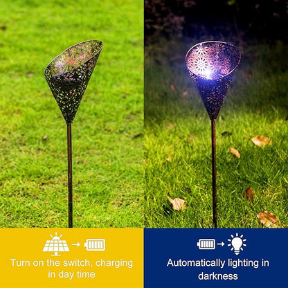 Adeco Solar Powered Lights Set of 2 Torch Shape Outdoor Lamp Decor 23 inch Metal Crackle Glass Globe Stake Lights with Large Solar Panel Waterproof LED Lights for Ground Patio Lawn Pathway