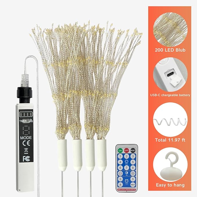 Firework Lights Outdoor 800 LED, String Light USB Rechargeable Battery Powered Smart with Remote, 8 Modes, Timer for Christmas Tree Birthday Party Decorations Indoor Bedroom Night Light, 4 Packs