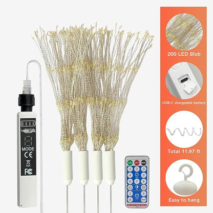 Firework Lights Outdoor 800 LED, String Light USB Rechargeable Battery Powered Smart with Remote, 8 Modes, Timer for Christmas Tree Birthday Party Decorations Indoor Bedroom Night Light, 4 Packs