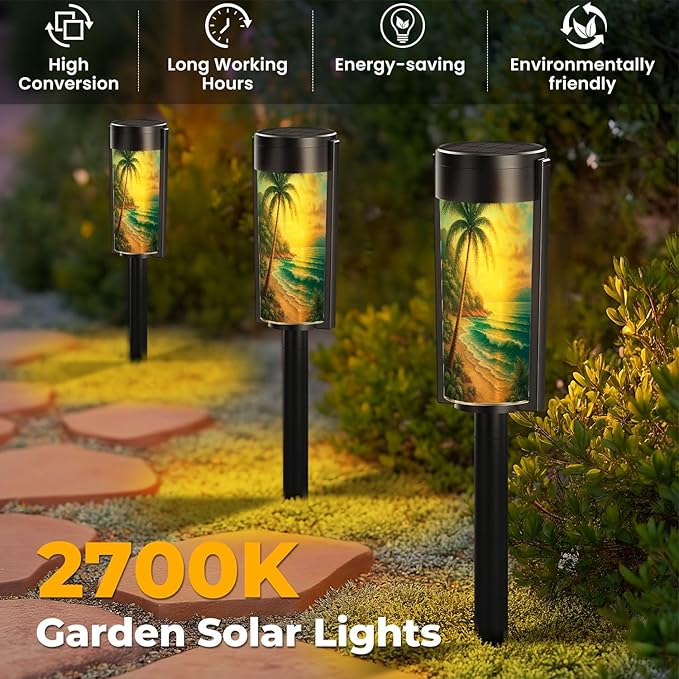 4 Pack Solar Pathway Lights Outdoor Waterproof Seascape Tropical Palm Tree Beach Blue Ocean Sea Wave Scenery Waves Solar Garden Lights LED Landscape Lighting for Yard Walkway Lawn Garden Decor
