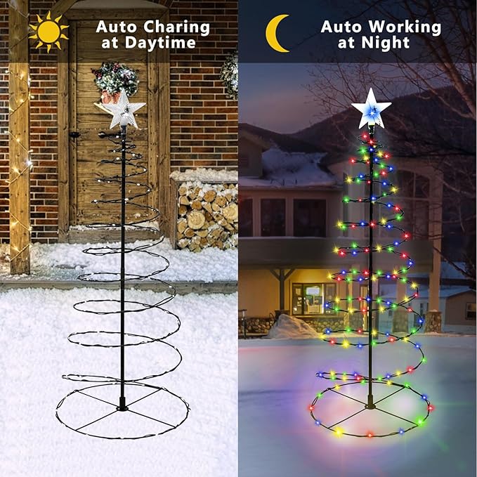 Outdoor Christmas Decorations, 2 Pack 29'' Spiral Solar Christmas Tree Lights, 8 Modes Solar Pathway Lights, Waterpoof Light up Prelit Xmas Tree for Garden Patio Yard Walkway Driveway（multicolor）