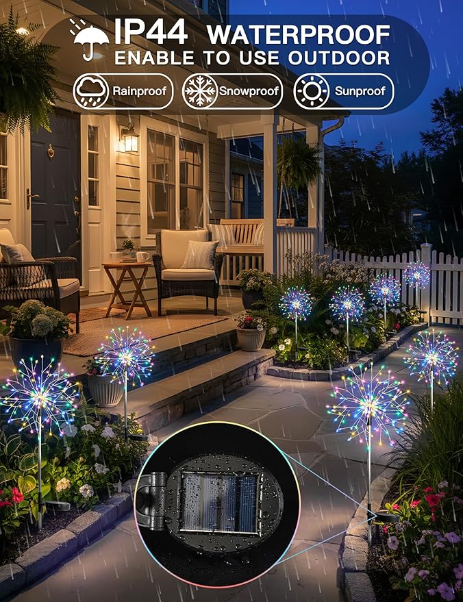 suddus Solar Garden Lights Outdoor Waterproof Decorative, 4Pack 150LED Firework Lights 8 Modes, Multicolor Solar | Lumora