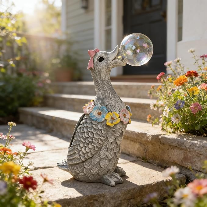 Porch Goose Statue with Solar Bubble Light Garden Gray Figurine Decor for Yard Lawn Patio Outdoor Decorations Housewarming Gifts for Mom Grandma Women