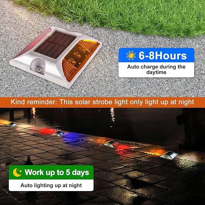 Aolyty Solar Driveway Lights Outdoor, Bright Solar Dock Lights, LED Warning Lights Reflective Road Marker Steady Light IP65 Waterproof for Deck Sidewalk Stair Step Pathway (Yellow & White, 2 Pack)