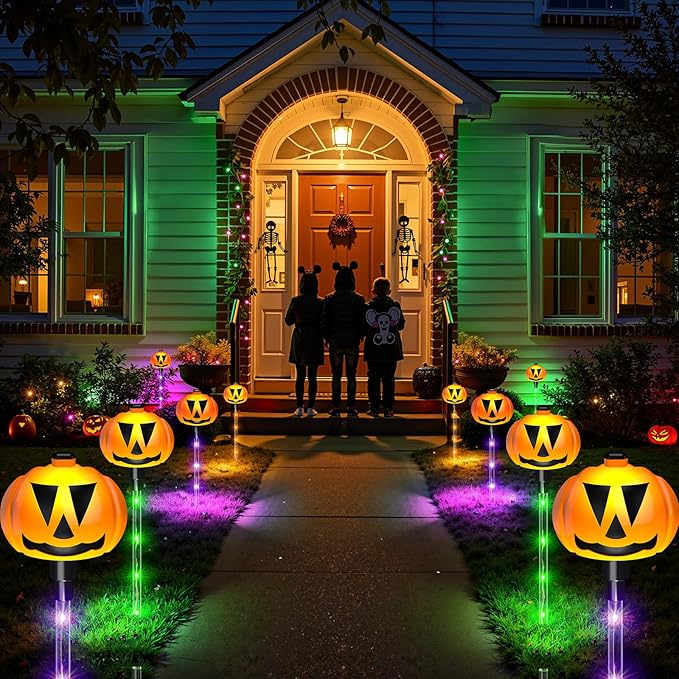 2025 Upgraded 6 Pack Halloween Solar Pumpkin Lights Outdoor Decorations, 8 Modes Waterproof Halloween Pathway Stake Lights with 42 Colorful LEDs, Pumpkin Decor for Garden, Yard, Party, Multicolor