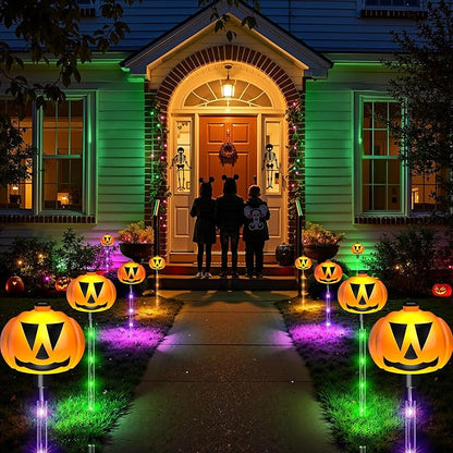 2025 Upgraded 12 Pack Halloween Solar Pumpkin Lights Outdoor Decorations, 8 Modes Waterproof Halloween Pathway Stake Lights with 84 Colorful LEDs, Pumpkin Decor for Garden, Yard, Party, Multicolor