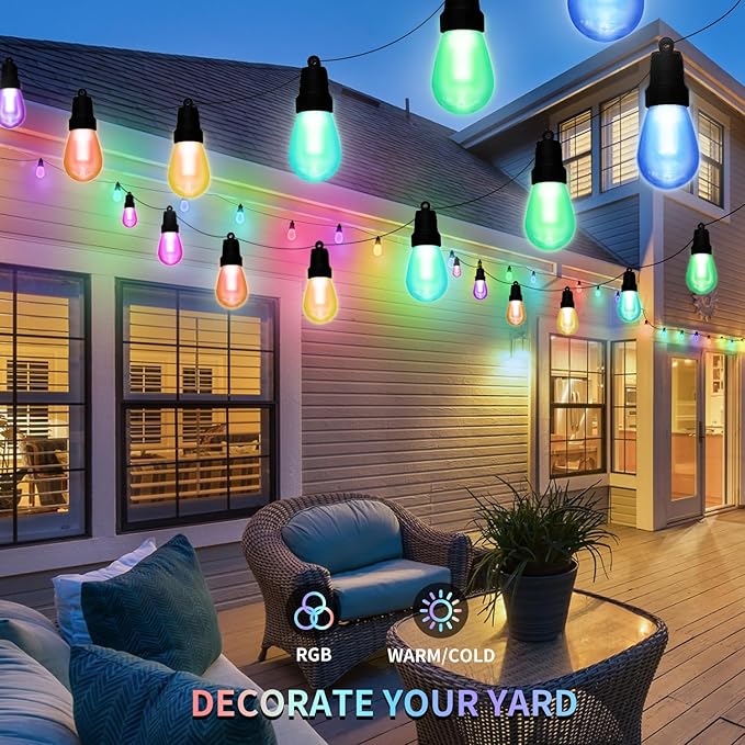 Outdoor String Lights 50FT, Outdoor Lights for Patio with 20 Dimmable RGBW LED Bulbs, IP66 Waterproof Shatterproof | Lumora