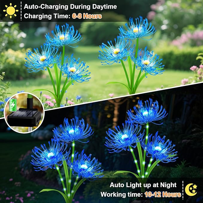 Solar Garden Flower Lights Outdoor, 4 Pack Blue Spider Lily Solar Lights with Glowing Stems, IP65 Waterproof LED Yard Decor for Patio Lawn Pathway, Mother's Day Valentine Gifts for Women Mom Grandma