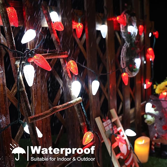 Brizled 100 LED C9 Red & White Christmas Lights, 66FT Faceted Christmas Lights, Connectable Outdoor Indoor Strawberry Light String, 120V UL Certified for Valentine's Day Party Xmas Tree House Garden