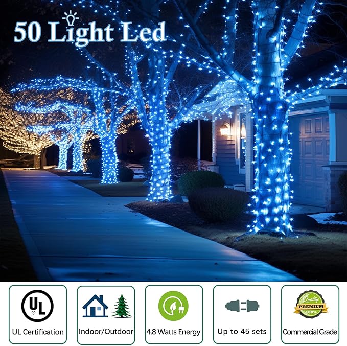25ft 50 Counts Aqua LED Christmas Lights - Commercial Grade Outdoor Waterproof, Wide Angle Green Wire, Xmas Tree Lights, IP65, UL Listed