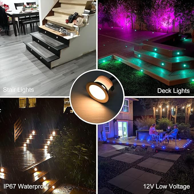 Sumaote LED Deck Lights Kit RGBW 20pcs Φ1.22 Low Voltage Recessed Deck Lamp In-ground Lights Waterproof Outdoor Yard Path Stairs Steps Landscape Decor, Multicolor & Warm White Lighting, Black Shell