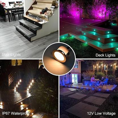 Sumaote LED Deck Lights Kit RGBW 20pcs Φ1.22 Low Voltage Recessed Deck Lamp In-ground Lights Waterproof Outdoor Yard Path Stairs Steps Landscape Decor, Multicolor & Warm White Lighting, Black Shell