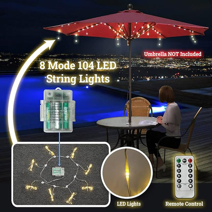 BenefitUSA Patio Umbrella Warm White Lights 8 Lighting Mode 104 LED String Lights with Battery and Remote Control Umbrella Lights Operated for Restaurant Coffee Shop Outdoor Garden Holidays Party
