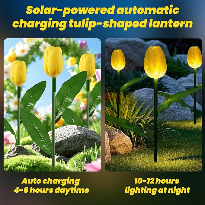 Outdoor Solar Lights Waterproof - 6PACKS Brighter Tulip Flowers with Garden Gifts Stake Lights Decor,Yard Decorations,Artificial Flower Gifts for Mom,Party,Home,Cemetery Grave Decor Yellow