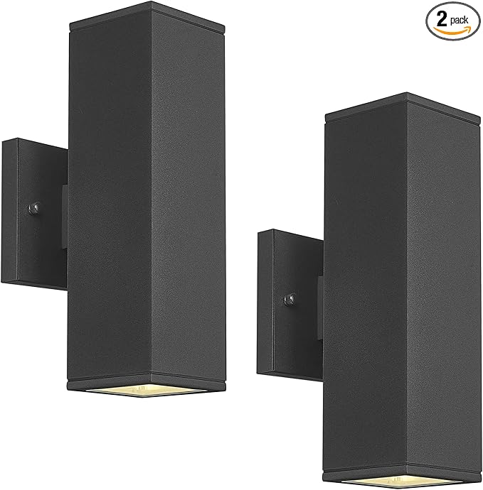Ken & Ricky Outdoor Wall Light Fixture,Exterior Lighting Fixtures,Modern Sconce Lights for Porch Patio Garage Front Door (Black,Square,No Sensor,2PK)