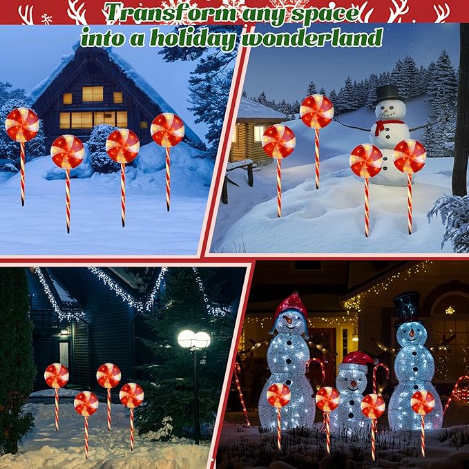 Candy Christmas Decorations Pathway Outdoor Solar, 29 inches 80 LED Lighted Lollipop with 8 Modes Waterproof String, for Yard Patio Walkway-4PCS