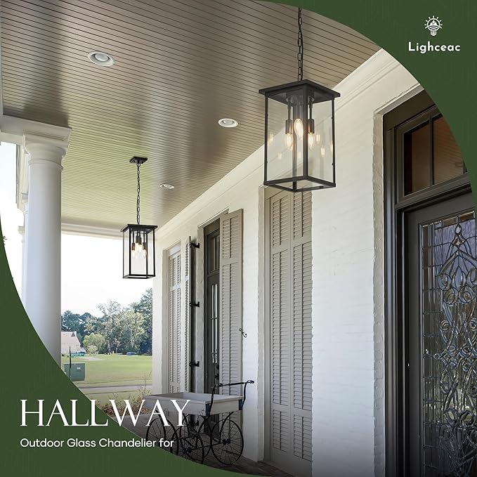 10" Modern 4-Light Exterior Black Square Lantern Pendant Light Fixture with Clear Glass Industrial Hanging Cage | Lumora