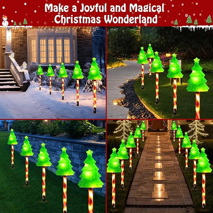 Lewondr Solar Christmas Pathway Lights, 5 PCS Solar Christmas Decorations Outdoor with 2 Lighting Modes, Xmas Tree Lights with Red Pole and Garden Stake, Waterproof Garden Lawn Patio Holiday Decor