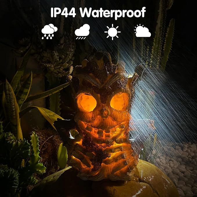 Solar Light Outdoor Waterproof, Garden Statues Tiki Decor Halloween Solar Lanterns, Tree Stump on Fire Flickering Flame Light Waterproof for Table, Yard, Garden, Patio, Pathway, Holiday
