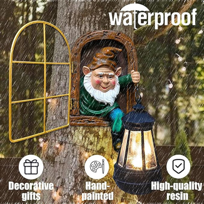 Garden Gnomes Decor Outdoor Statue - Christmas Gnome Decorations with Solar Lights Whimsical Elf Out The Door Tree Hugger Garden Statues Tree Face Gnomes Yard Art for Patio,Fence,Lawn Gnomes Ornament