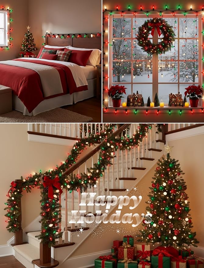 25ft Red White and Green Outdoor Christmas Lights,C9 Clear Incandescent Christmas Lights with 26 Multicolor Bulbs,Waterproof String Lights Plug in for Roofline Tree Garden Decor