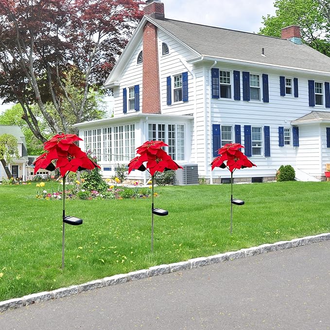 Outdoor Solar Flower Lights,2Pcs15.7Inch Solar Christmas Poinsettia Flower Lights,Waterproof Garden Stake Light Decorative Solar Patio Lawn Lamp for Yard Pathway