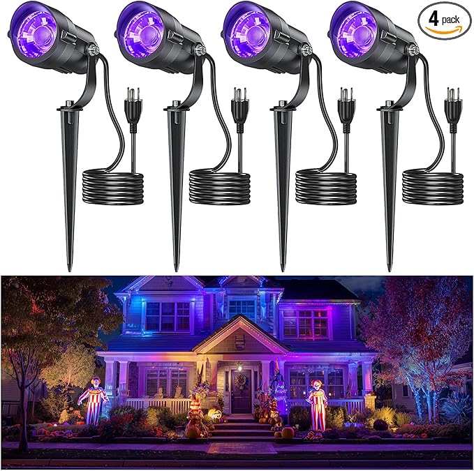 HIBOITEC Halloween Black Light Spotlight Outdoor 12W IP65 Waterproof LED Spot Lights Landscape Lighting with US Plug for Glow Party Body Paint Yard Garden Decorations 4Packs