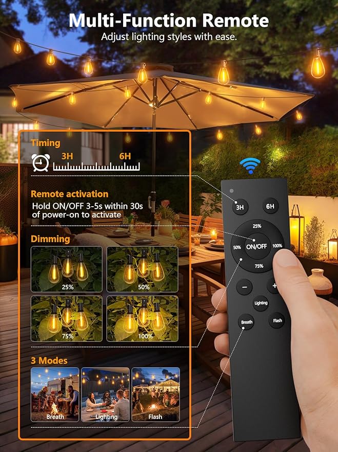 luckystyle 15FT LED Outdoor String Lights with Remote, 6+1 Shatterproof Bulbs Waterproof and Dimmable Patio Lights for Porch, Garden, Backyard, Deck, Balcony, 2700K Hanging Lighting