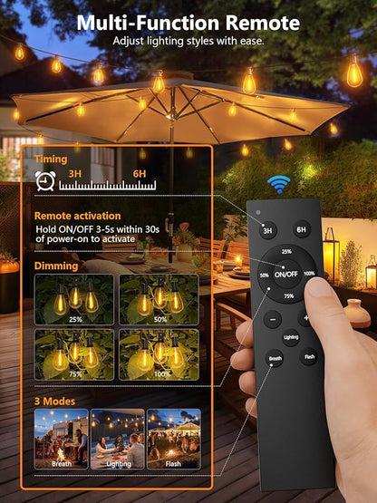 luckystyle 15FT LED Outdoor String Lights with Remote, 6+1 Shatterproof Bulbs Waterproof and Dimmable Patio Lights for Porch, Garden, Backyard, Deck, Balcony, 2700K Hanging Lighting