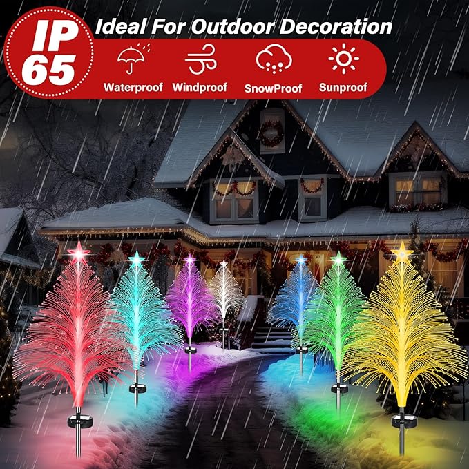 Baquler 8 Pcs Solar Christmas Tree Lights Waterproof Outdoor Pathyway Stake Light 7 Lighting Modes Fireworks Christmas Stake Light Decoration for Holiday Yard Walkway Garden Path Decor
