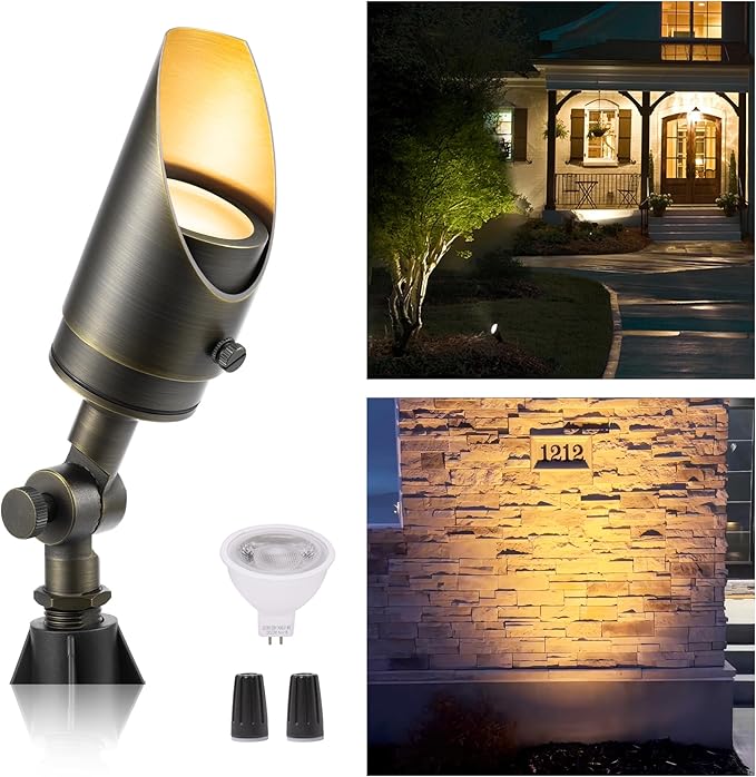 Gardenreet Landscape Spotlights Low Voltage - Brass Outdoor Uplight 12V LED, Wired Spot Lights IP65 Waterproof, Bronze for Exterior Garden Yard Tree House with 5W 2700K Warm White MR16 Bulb