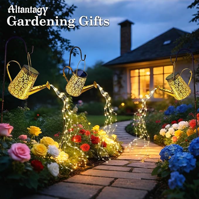 Solar Watering Can Lights:Outdoor Waterproof Metal Led String Lantern - Classic Fariy Hanging Decorations for Garden Pathway Patio - Gifts for Mom Grandma Women Birthday Over 30