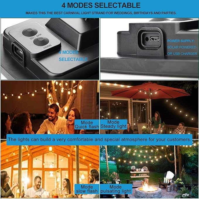 Lightdot 100FT Solar Outdoor String Lights, Waterproof Cafe Patio Lights with Shatterproof LED Bulbs, 2700K Warm | Lumora