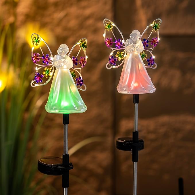 2 Pack Solar Angel Lights, Color Changing & Warm White Dual Glow, Solar Stake Lights with Flower Wings, Waterproof Outdoor Memorial Gifts for Cemetery Grave, Garden Patio Yard Decor for Mom Women