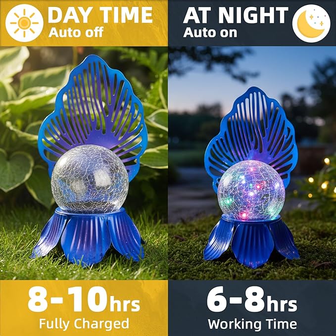 Solar Lights Outdoor Flower Garden Decor with Crackle Glass Globe Lights, Metal Flowers for Outside Yard Lawn Patio Porch Pathway Tabletop, Housewarming Gifts for Mom Women