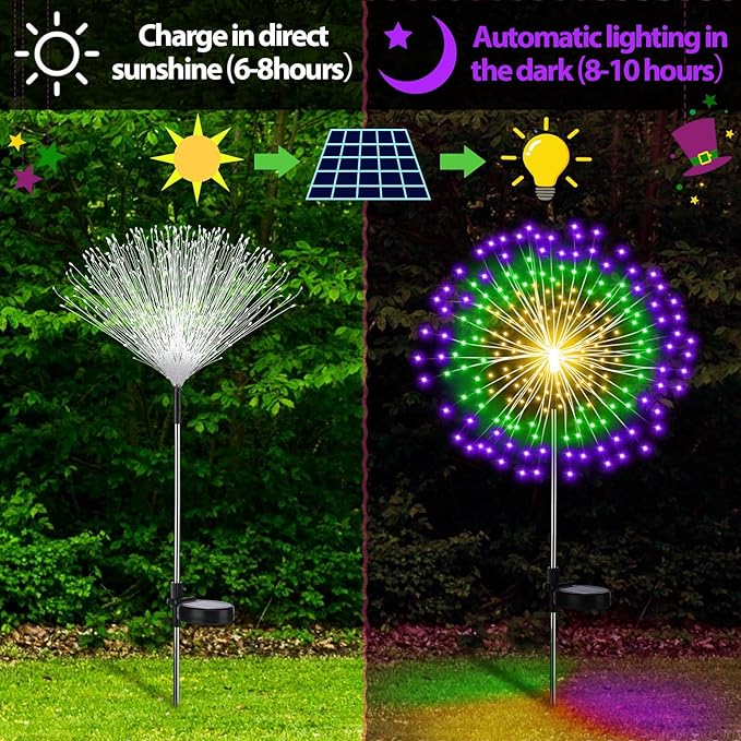 4th of July Decorations Outdoor 4 Pack Colored Solar Firework Lights with 180 LED Patriotic Solar Lights 8 Lighting Modes for Yard Pathway Garden Patio Party Decorations(Green, Yellow, Purple)