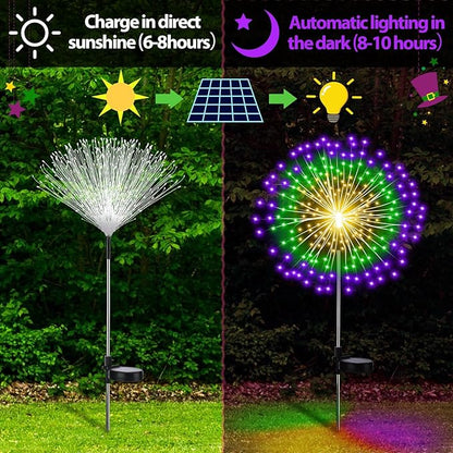 4th of July Decorations Outdoor 4 Pack Colored Solar Firework Lights with 180 LED Patriotic Solar Lights 8 Lighting Modes for Yard Pathway Garden Patio Party Decorations(Green, Yellow, Purple)