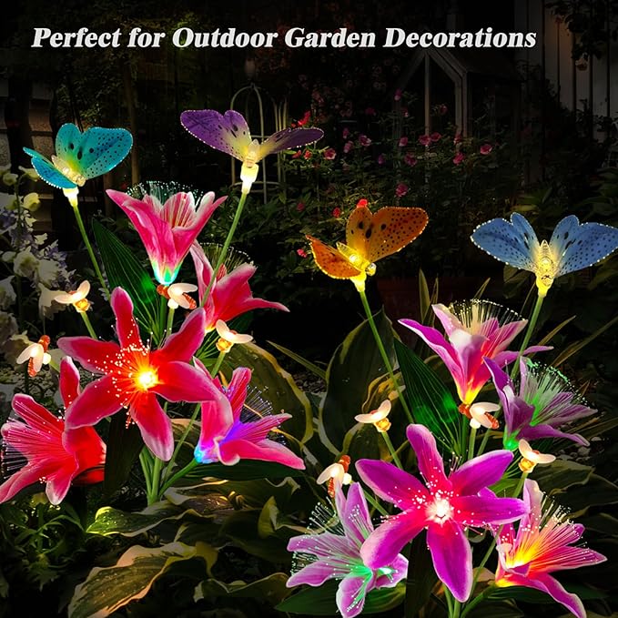 Solar Flower Lights Outdoor Garden Decor,2Pack Color Changing lilies flowers with Flying Butterfly and Bee,22LED Lily Solar Garden lights Outside for Path Yard Patio Lawn Party Mom day Decor