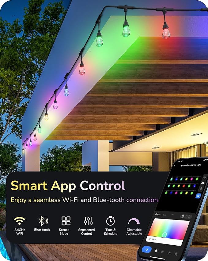 EDISHINE 96ft Smart Christmas Outdoor String Lights, Color Changing Light 36 RGBW LED Bulbs, Compatible with Alexa, Waterproof Dimmable WiFi Outdoor Lights for Backyard, Party, Holiday Decor
