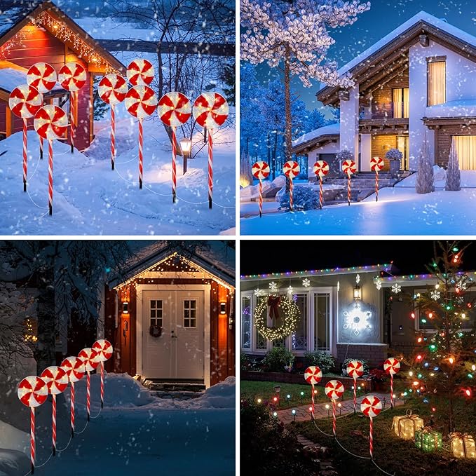 Bencailor 10 Pcs Christmas Pathway Marker Light Xmas Red and White Lollipop Solar Powered Light Christmas Outdoor Decoration Candy Cane Driveway Plugin for Yard Patio(Novel)