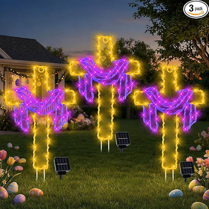 Retisee 3 Pack Easter Cross Solar Garden Lights Outdoor-12 Inch LED Lighted Cross Yard Stakes, Waterproof Solar Lamps,Religious Pathway Lawn Decorations for Easter Church Memorial Garden
