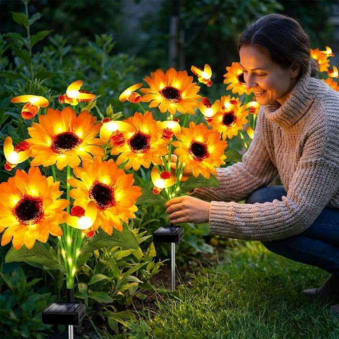Hortsun 2 Pack Sunflower Bee Solar Lights Outdoor Decor Waterproof Solar Lights with 6 Sunflower and 8 Bee for Yard Front Yard Garden Lawn Patio Outside Decor